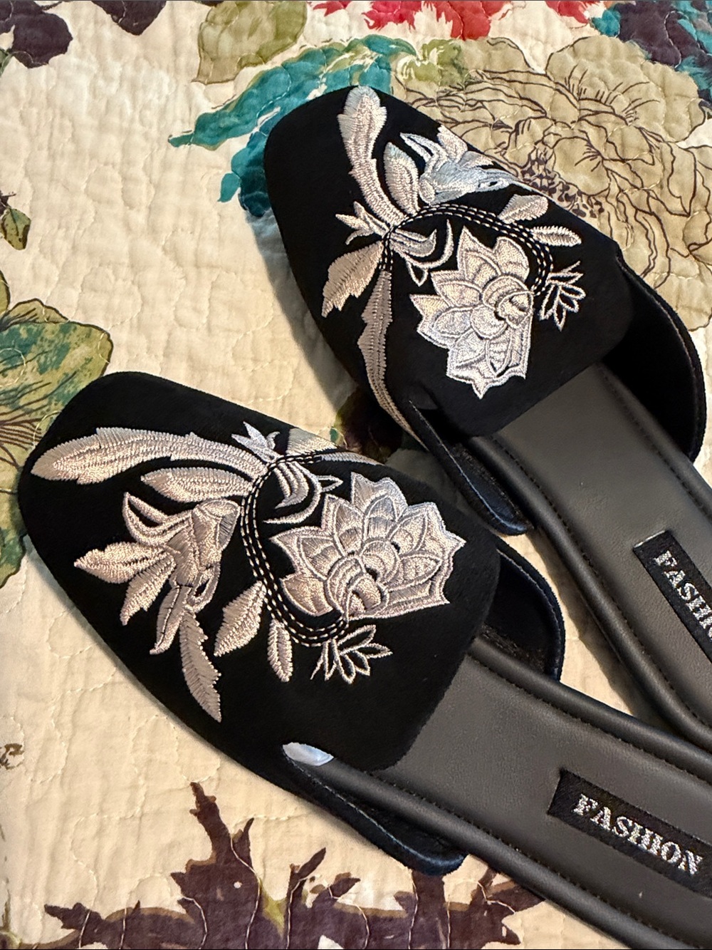 Black Embroidered Slip-On Mules with Silver Floral Motif